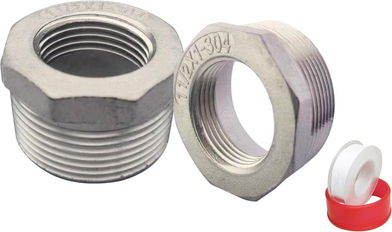 POTONZ 1-1/2" Male to 1" Female NPT Threaded Reducer Hex Bushing 304 Stainless Steel Reducing Adapter Pipe Fitting With Teflon Plumbers Tape(Pack of 2) - Image 1